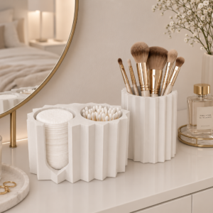 Faceted makeup organizer set with brush holder on bathroom countertop